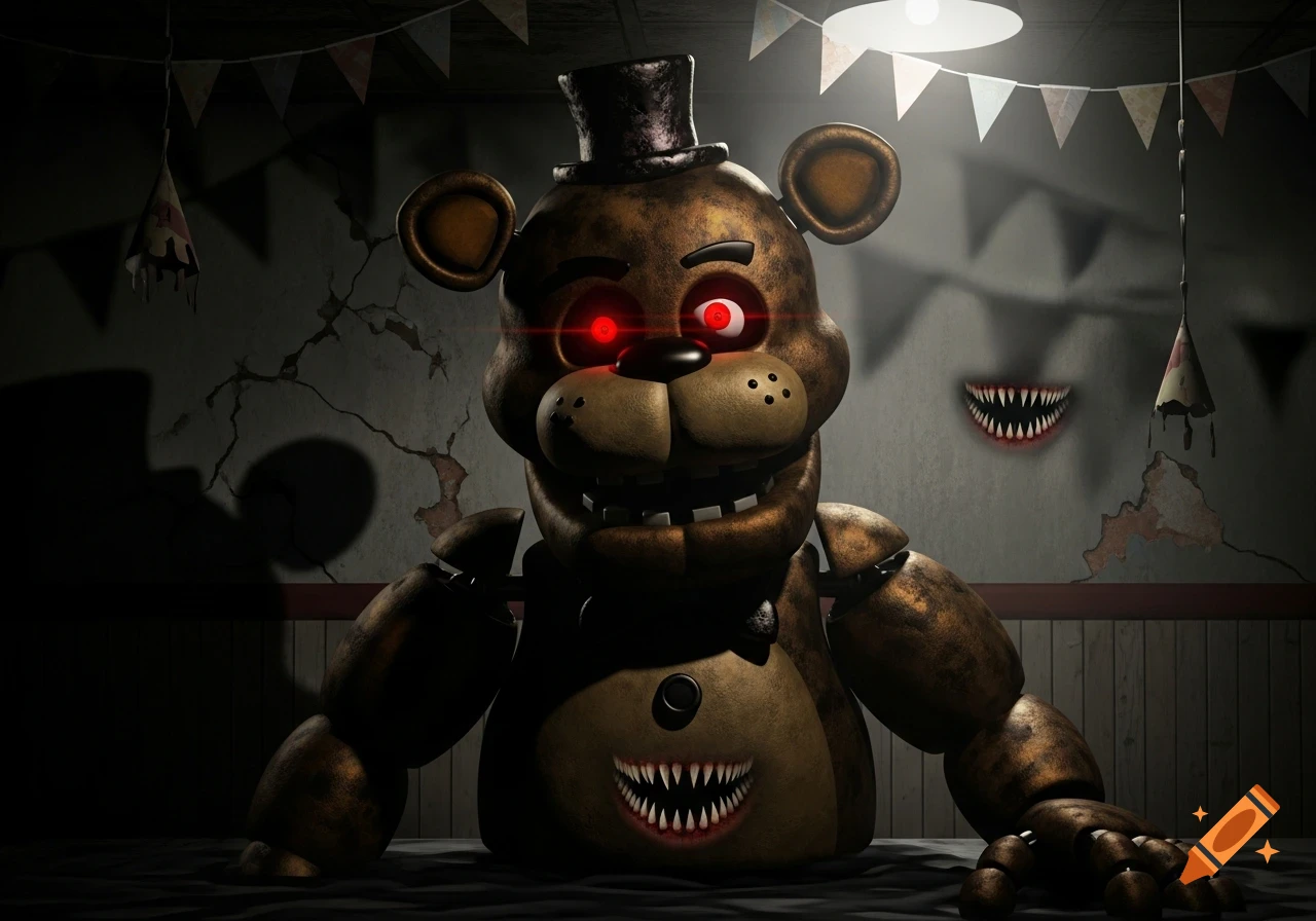 A dark-brown, demented animatronic bear with glowing red eyes and sharp teeth sits in a dim, decaying party room.