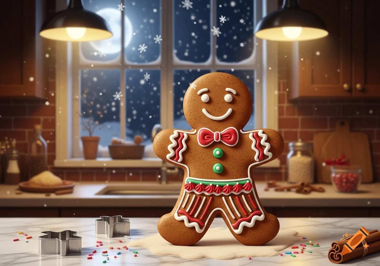 A smiling gingerbread man cookie on a kitchen counter with cookie cutters, sprinkles, and cinnamon sticks, snowy window at night.