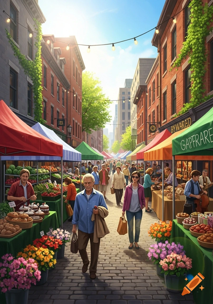 A vibrant cartoon illustration of a bustling outdoor market street filled with people, produce stalls, and red-brick buildings under a sunny sky.