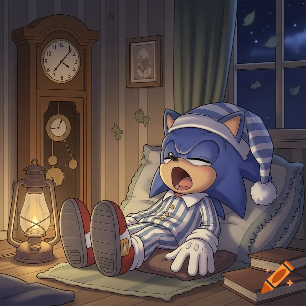 Sonic the Hedgehog sleeps soundly in old-fashioned striped pajamas and a nightcap on a pillow in a cozy, dimly lit room.