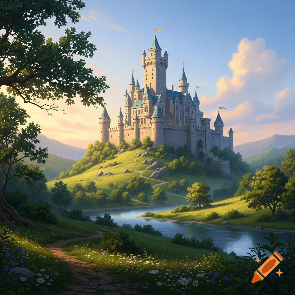 A majestic fairytale castle on a lush green hill beside a flowing river under a bright, partly cloudy sky.