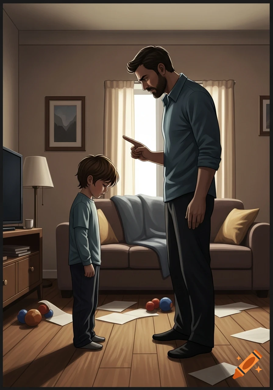 An illustration of a stern father pointing a finger at his son, who stands with his head bowed in a messy living room.