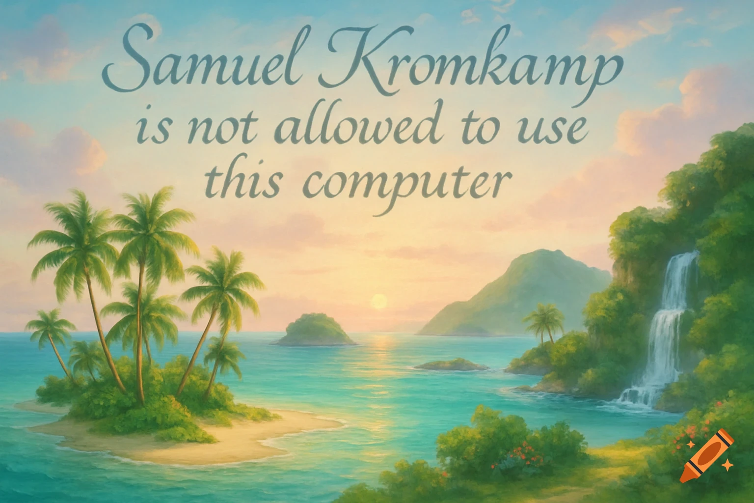 Painting of a tropical island landscape with palm trees, a waterfall, and text in the sky.
