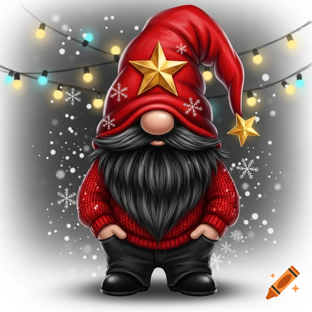 A stylized Christmas gnome with a red hat, golden stars, a long dark beard, red knitted sweater, and black pants, against a backdrop of fairy lights and falling snow.