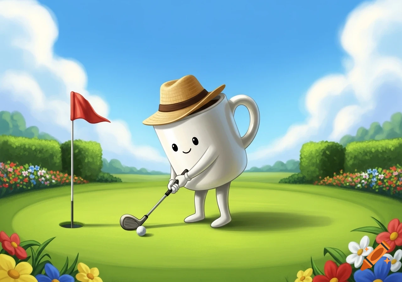 A cute cartoon coffee mug character wearing a straw hat swings a golf club on a green golf course with a red flag and flowers.