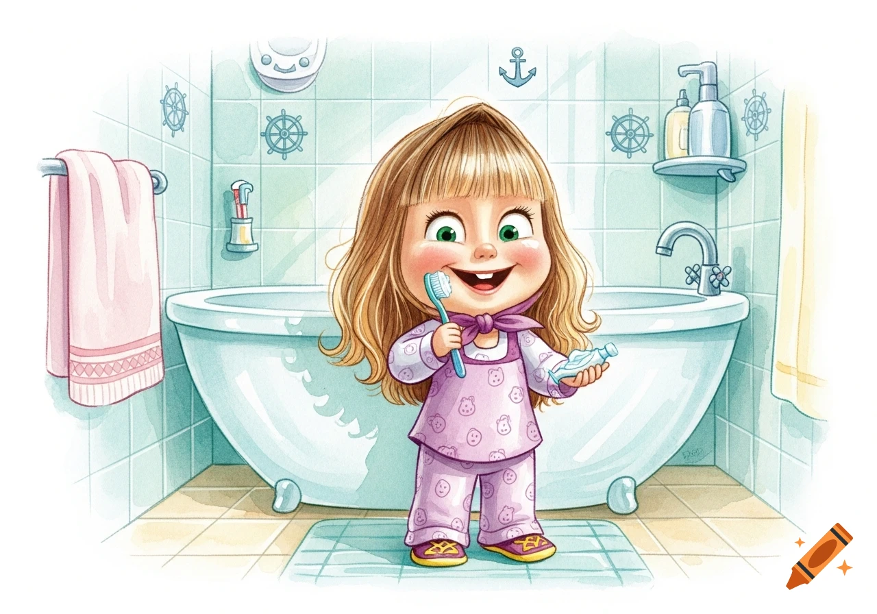 A smiling cartoon girl with blonde hair in pink pajamas holds a toothbrush and toothpaste in a watercolor-style bathroom.