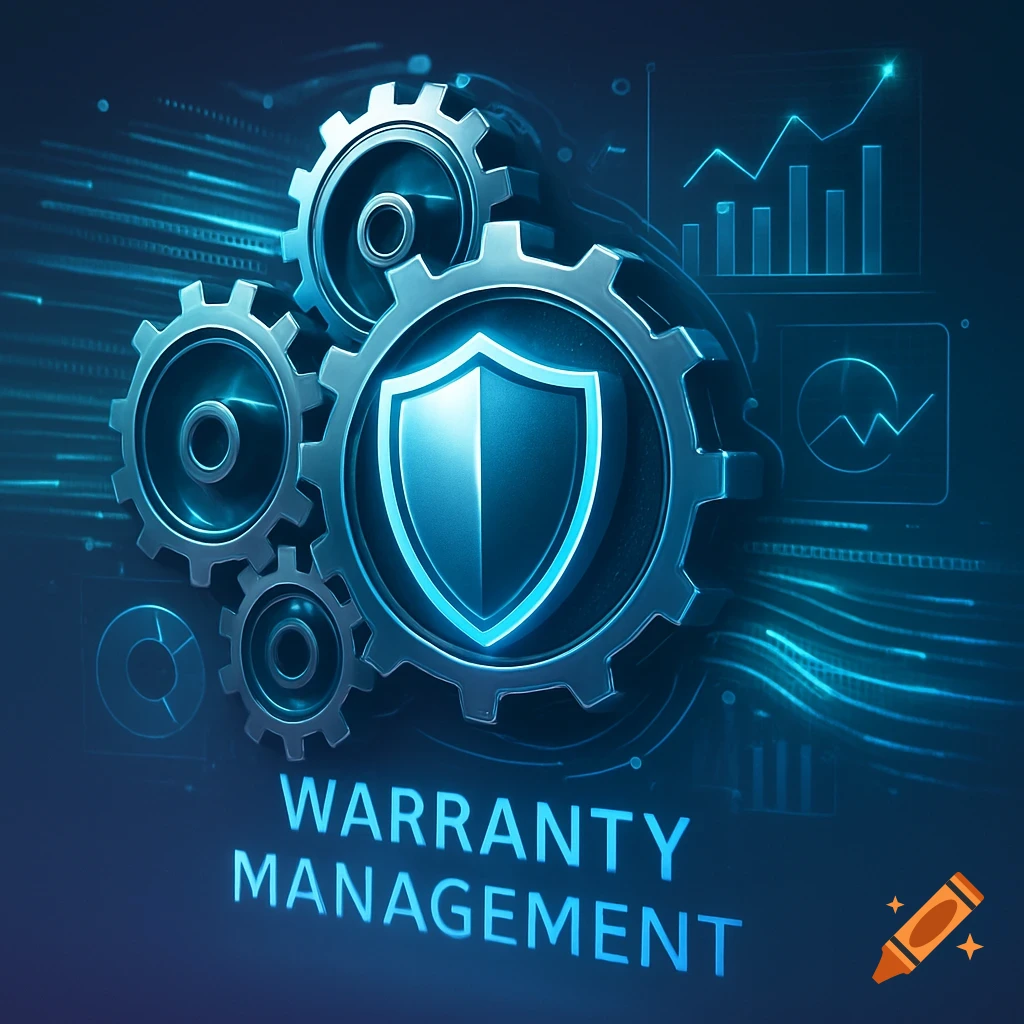 Metallic gears and a glowing blue shield icon over abstract data charts and glowing lines, with 'WARRANTY MANAGEMENT' text.