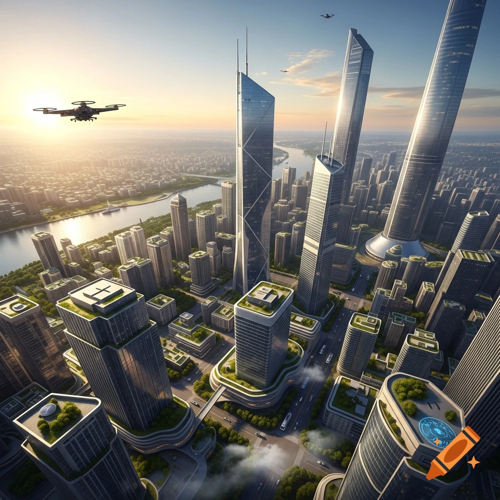 Aerial view of a futuristic cityscape with sleek skyscrapers, drones, and a river under a vibrant sunrise.