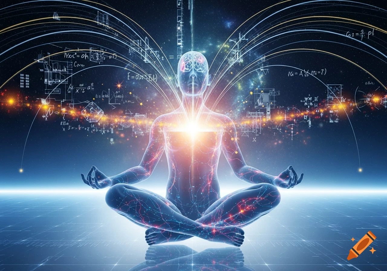 Ethereal glowing human figure meditating in a cosmic setting, surrounded by flowing energy and scientific equations. Digital art.