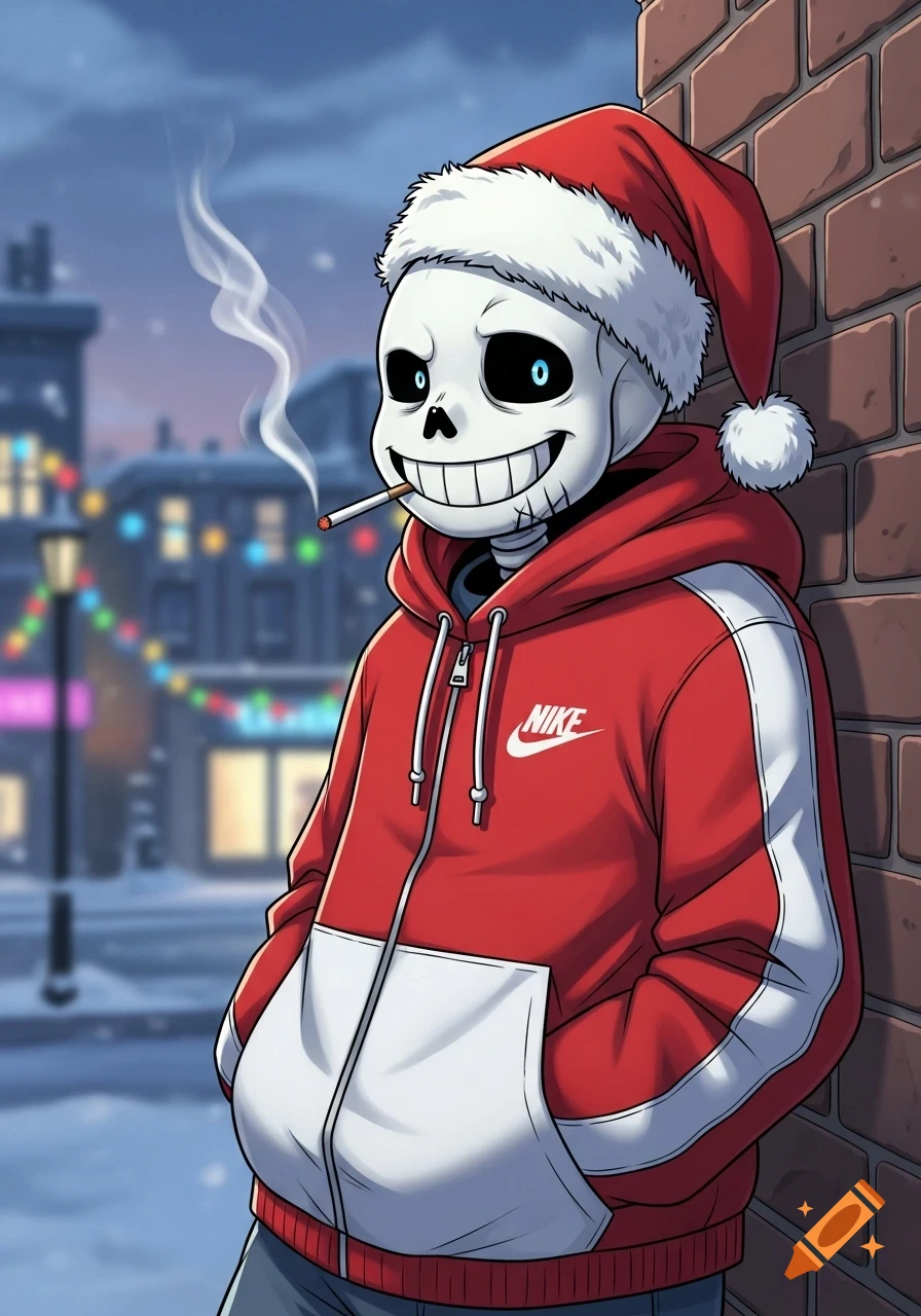A cartoon skeleton character, Sans, wearing a Santa hat and red Nike hoodie, smoking a cigarette in a snowy, festive street.