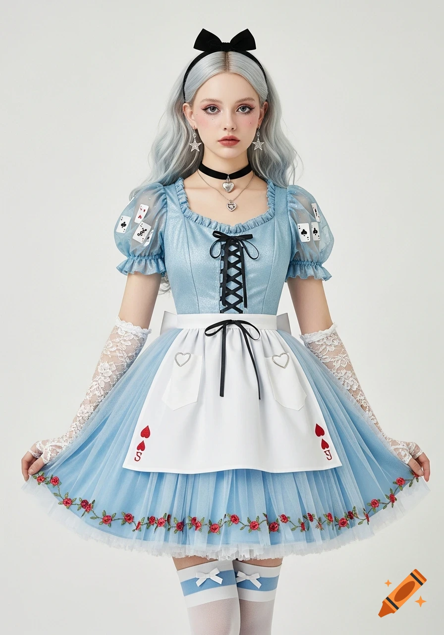A woman with light blue hair in an Alice in Wonderland-inspired blue dress, white apron with card symbols, lace gloves, and a black bow headband, standing on a white background.
