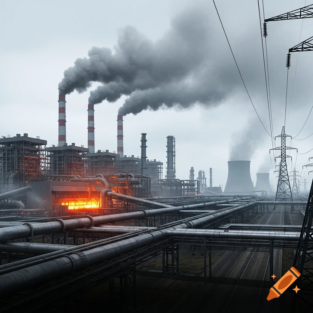 Photorealistic thermal power plant with smokestacks emitting thick smoke, cooling towers, pipes, and power lines under a gloomy sky.