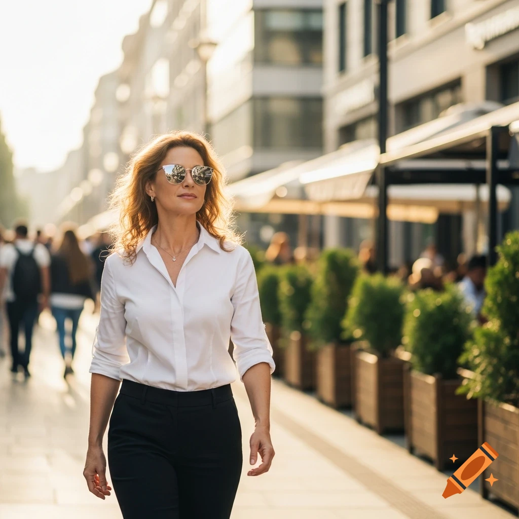 A middle-aged woman with sunglasses and a white shirt walks confidently down a sunny city street.