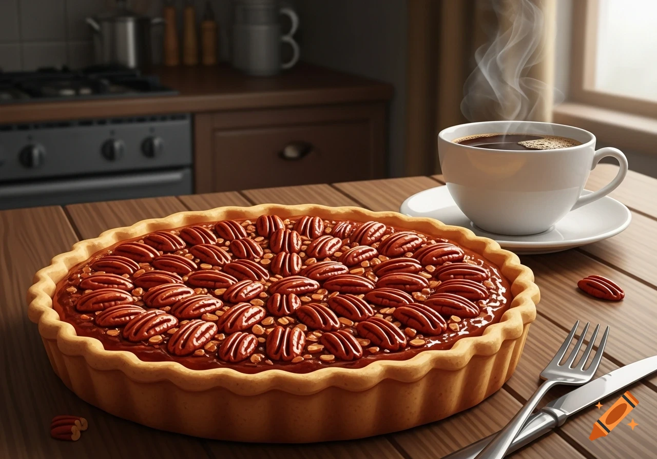 A photorealistic pecan pie and a steaming cup of coffee on a wooden table in a kitchen.
