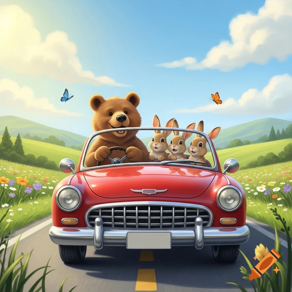 A cartoon bear drives a red convertible car with three small rabbits as ...