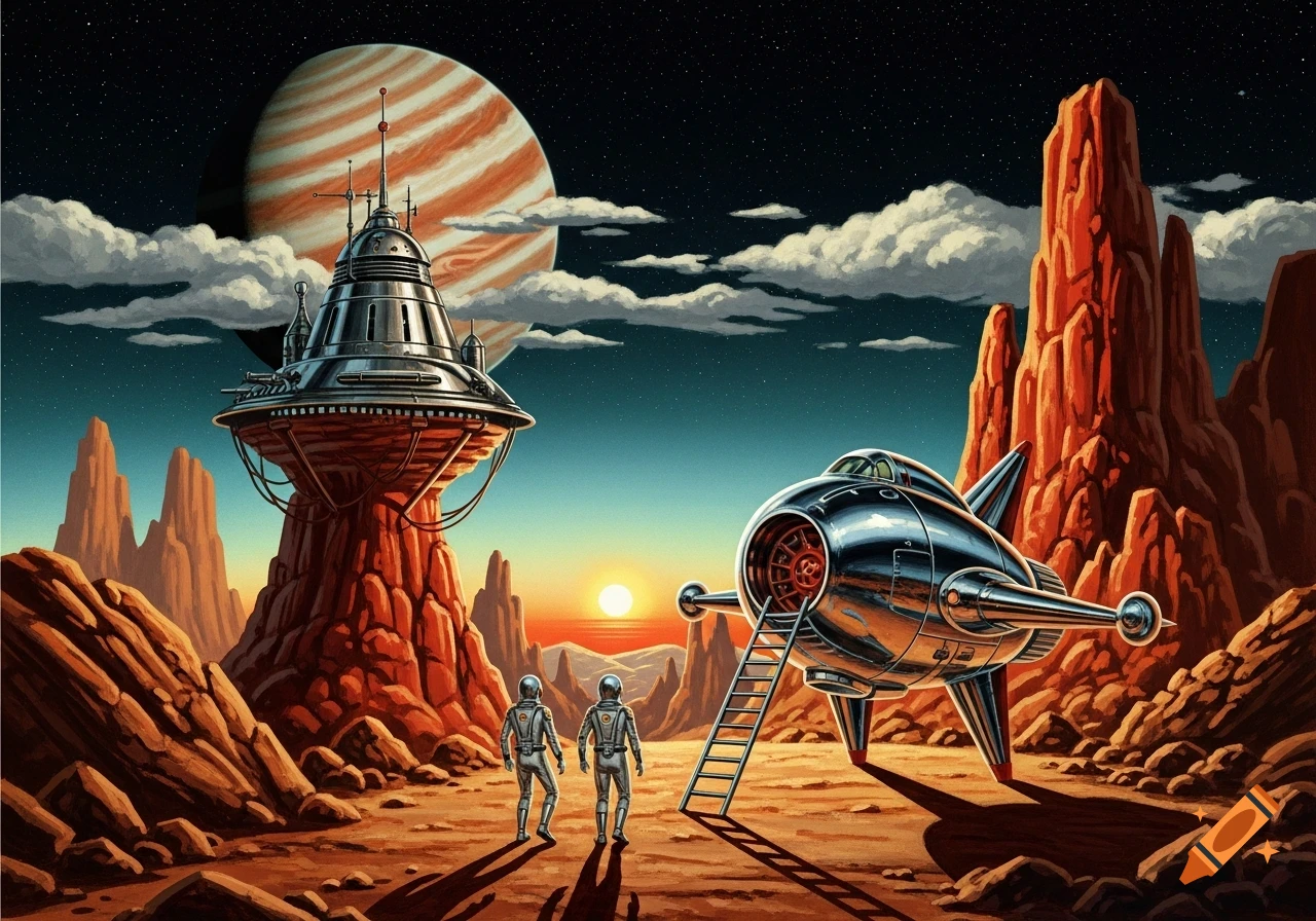 Retro pulp sci-fi art. Two astronauts walk from a silver rocketship in an alien desert with red rock formations and a strange structure, under a gas giant.