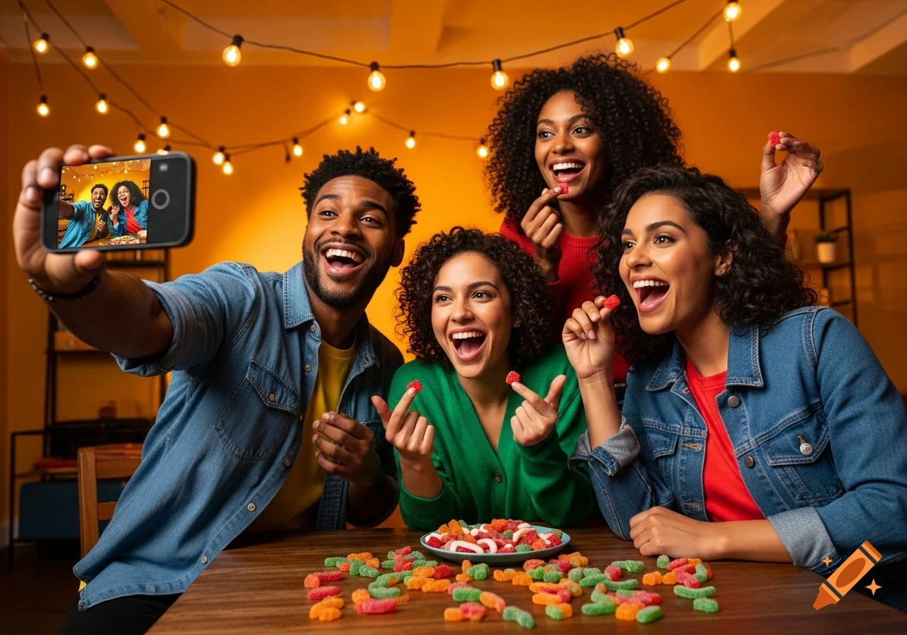 Four happy friends take a selfie and eat gummy candies at a party with string lights, smiling and laughing.