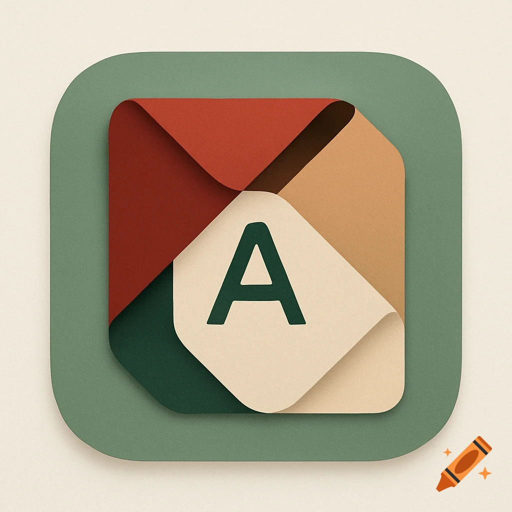 A folded geometric app icon in red, brown, beige, and dark green, featuring a stylized letter A.