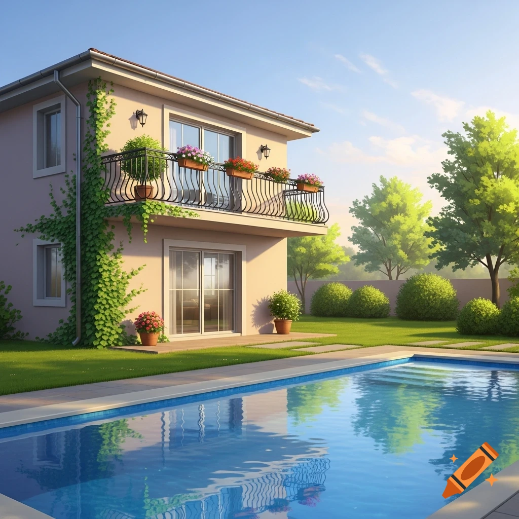 A two-story beige house with a balcony, ivy-clad wall, green lawn, and a blue swimming pool under a clear sky.