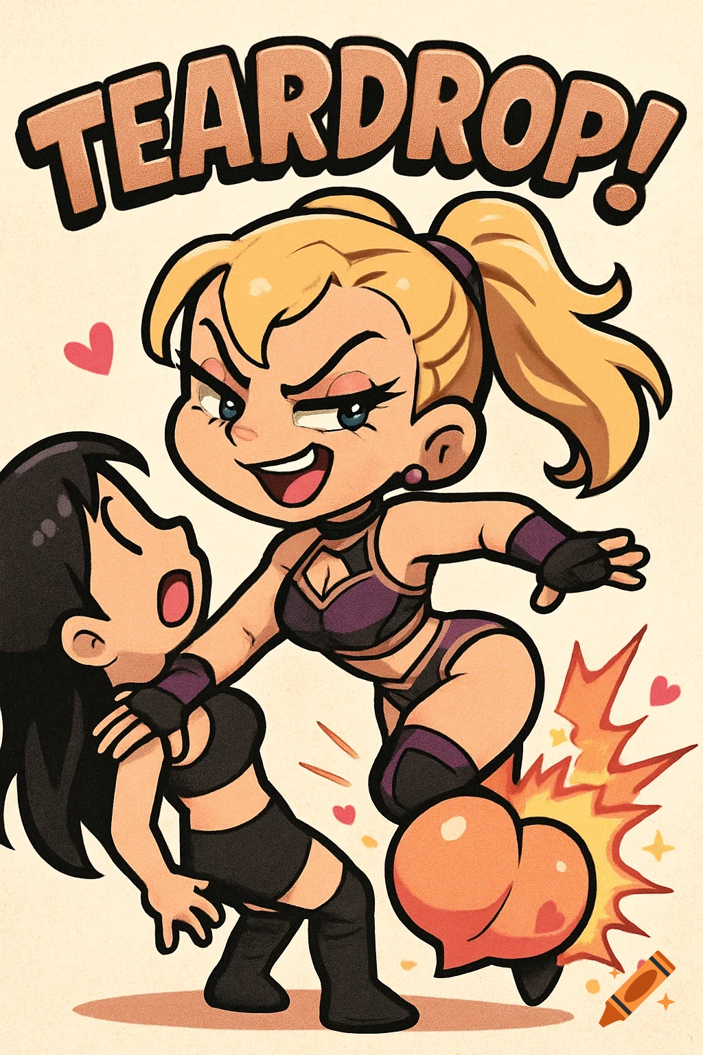 Chibi cartoon style illustration of a blonde female wrestler in a purple outfit performing a 'Teardrop' hip attack on a black-haired opponent, with text 'TEARDROP!' above.