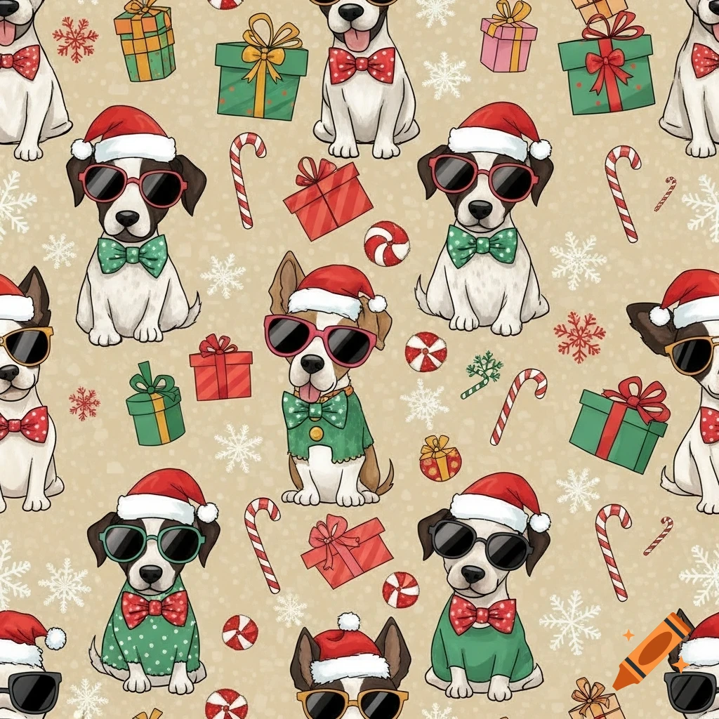 Seamless pattern of cartoon dogs in Santa hats and sunglasses with bow ties, surrounded by Christmas gifts, candy canes, and snowflakes on a beige background.