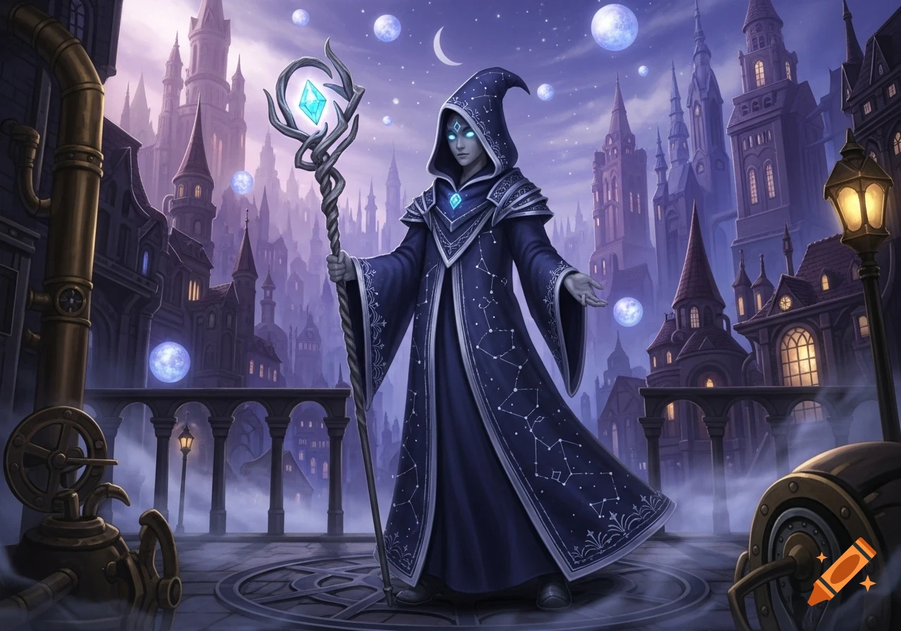 A hooded wizard in a starry robe holds a glowing staff in a magical, dark cityscape under a crescent moon.