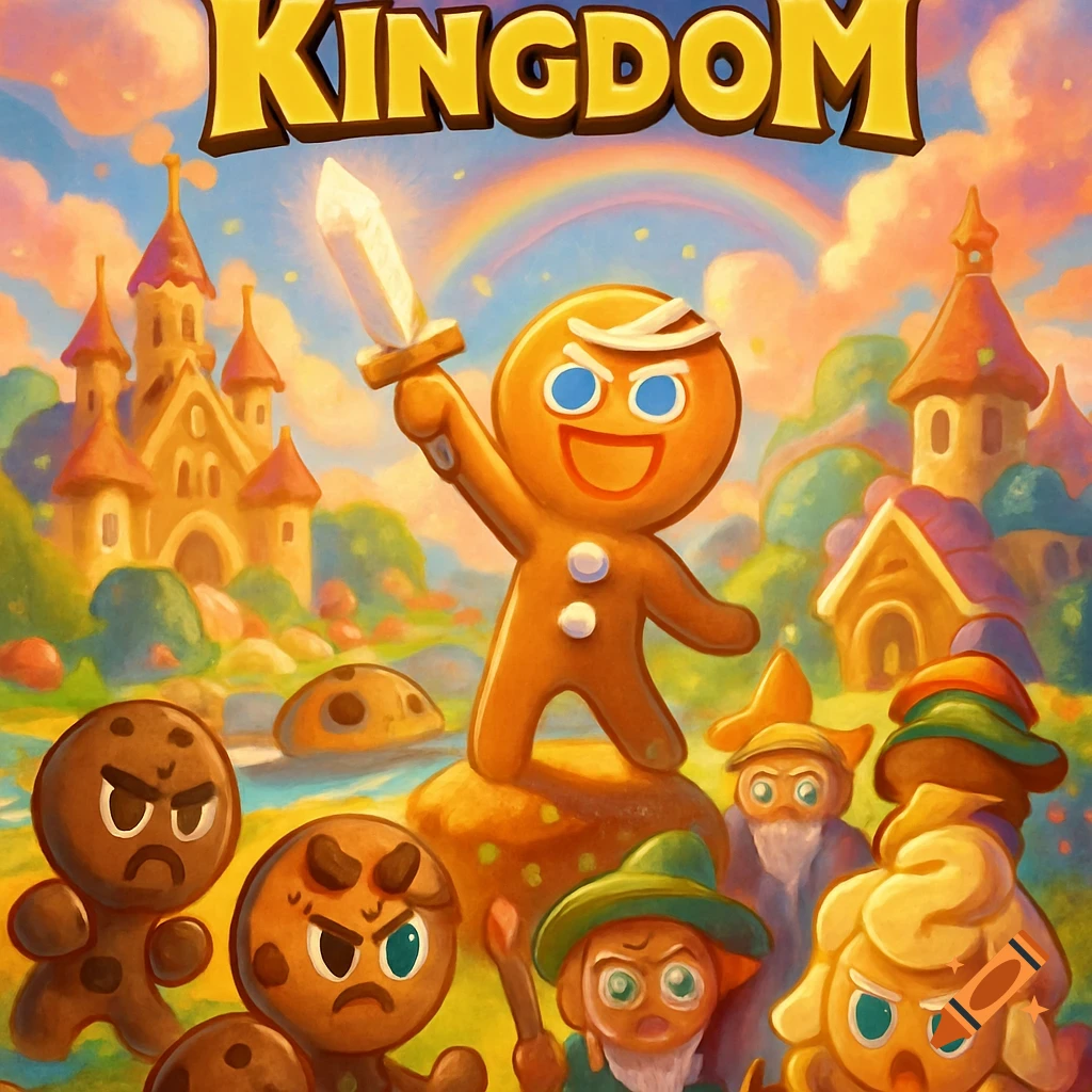 A gingerbread man hero with a sword leads various cookie characters in a colorful fantasy kingdom with castles and a rainbow, styled as game art.