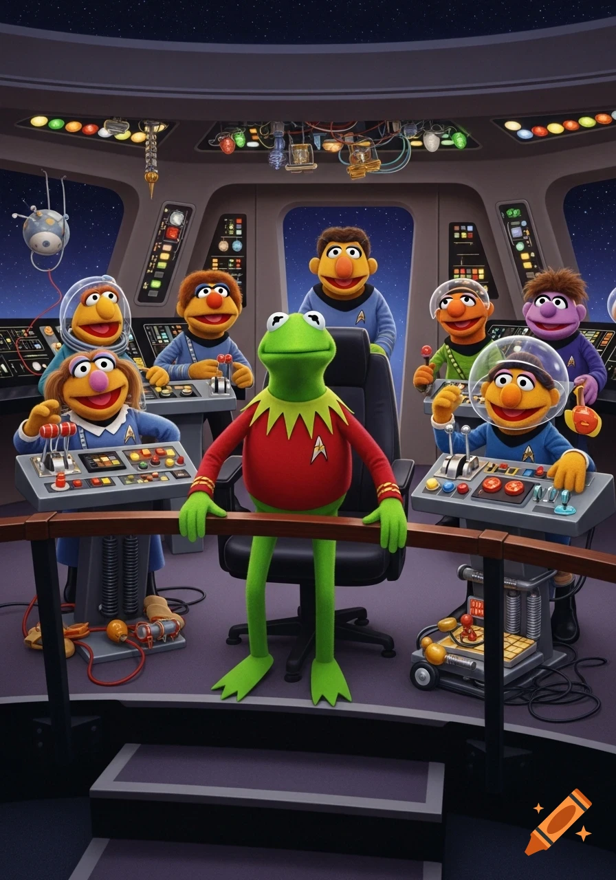 Kermit the Frog and other Muppets on a Star Trek spaceship bridge, dressed in Starfleet uniforms.