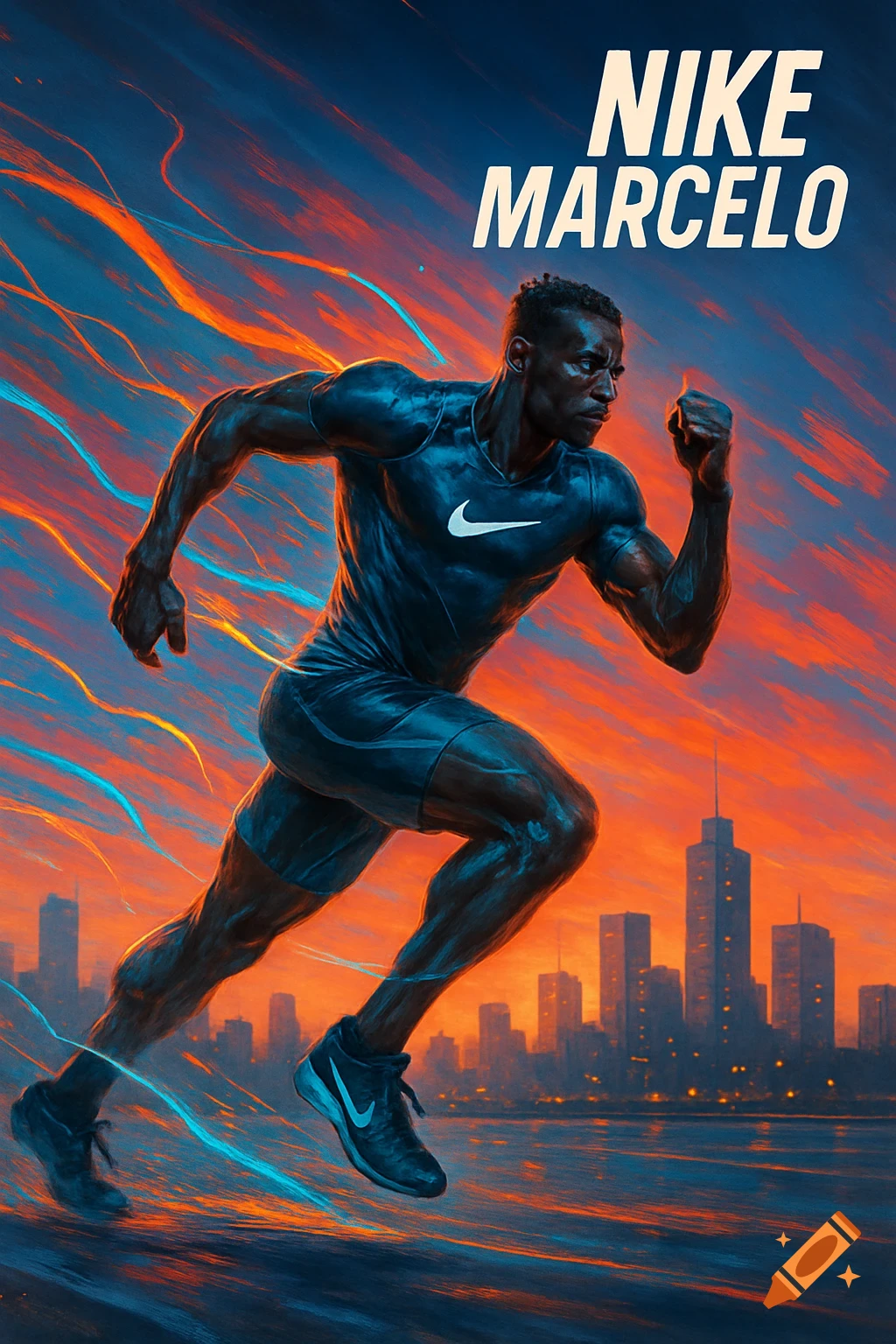 A muscular Black man in Nike athletic gear sprints across a city at sunset, with dynamic orange and blue light trails.
