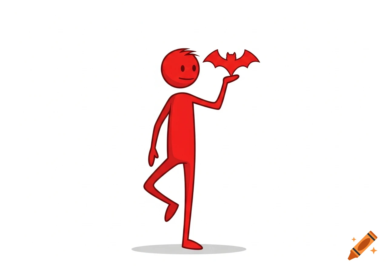 A red stick figure stands on one leg, holding a red bat symbol.