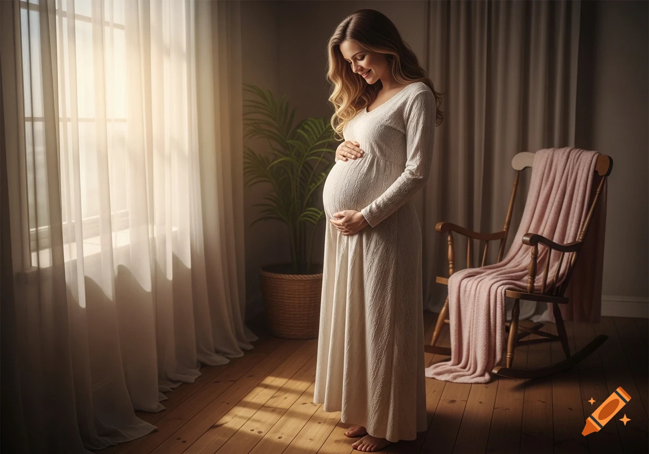 A smiling pregnant woman in a white dress gently holds her belly in a sunlit room, with a rocking chair nearby.