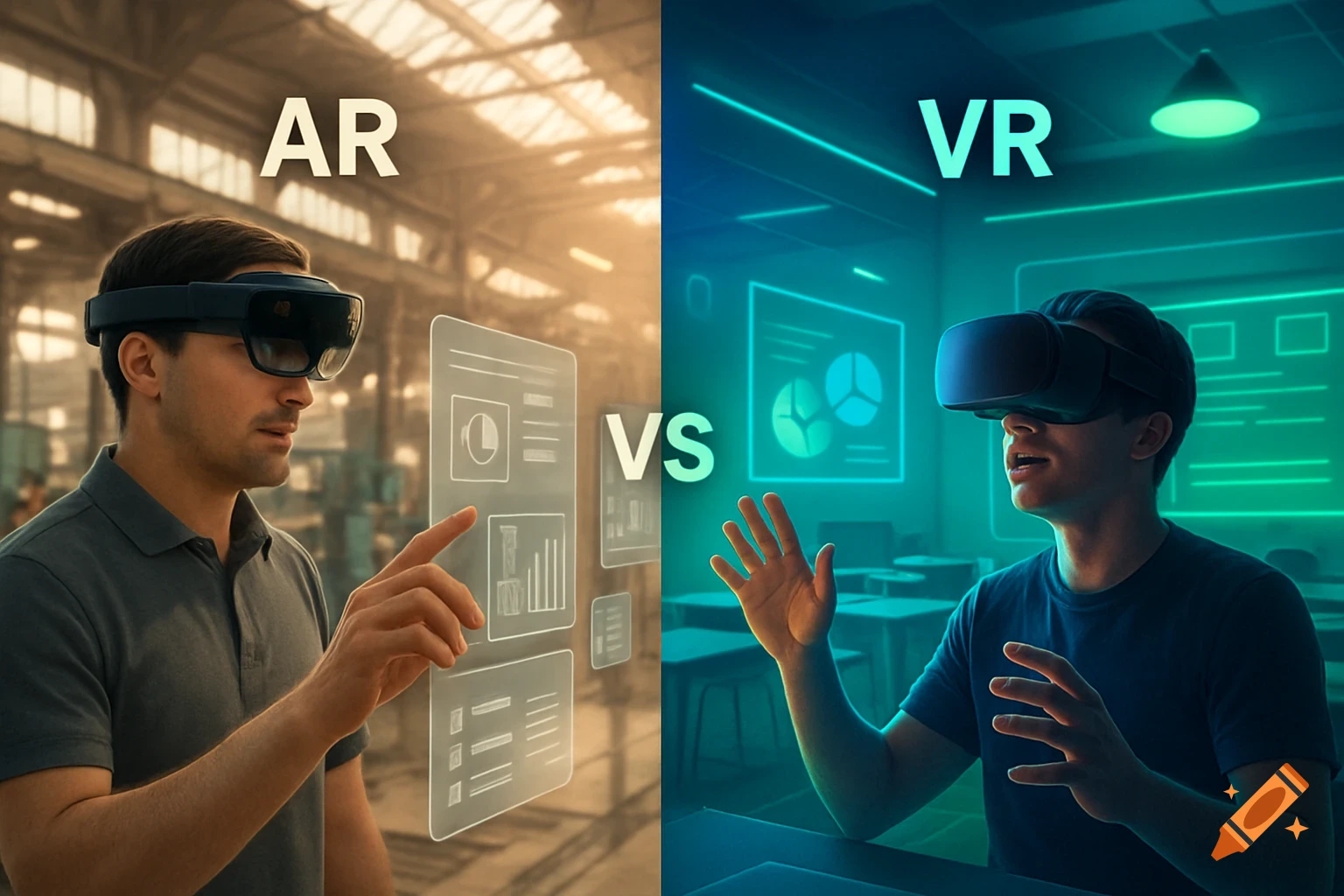 A man wearing an AR headset in a factory interacts with virtual screens, contrasted with a man wearing a VR headset in a blue-lit room.