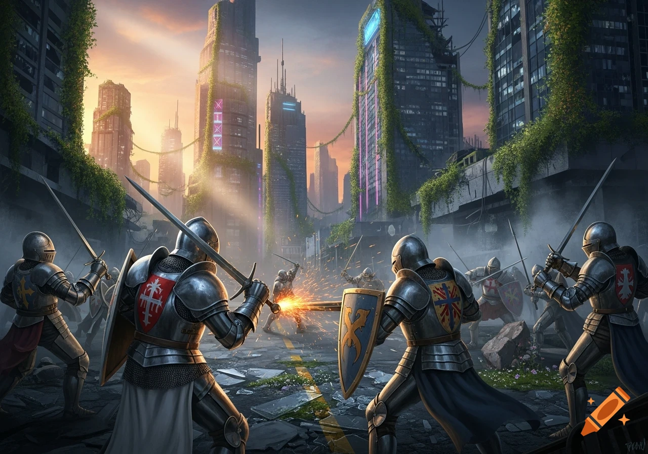 Knights battle in the ruined, overgrown streets of a future city at sunset, with neon signs on crumbling skyscrapers.