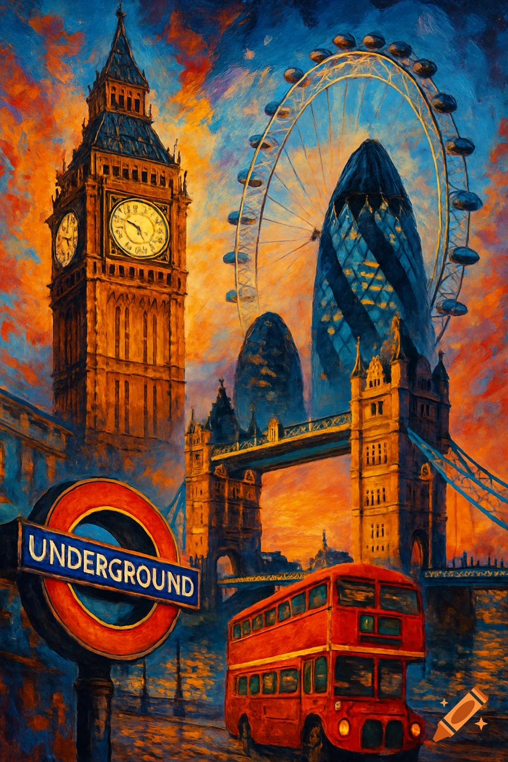 Vibrant, painterly collage of London landmarks at sunset, featuring Big Ben, London Eye, Tower Bridge, a red bus, and an Underground sign.