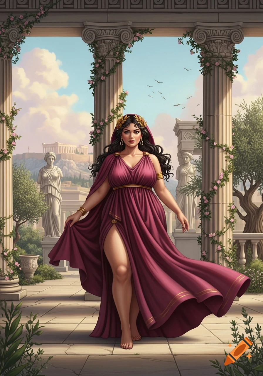 A voluptuous woman in a flowing magenta gown and a gold laurel wreath walks through ancient Greek ruins, flanked by ornate columns and statues.