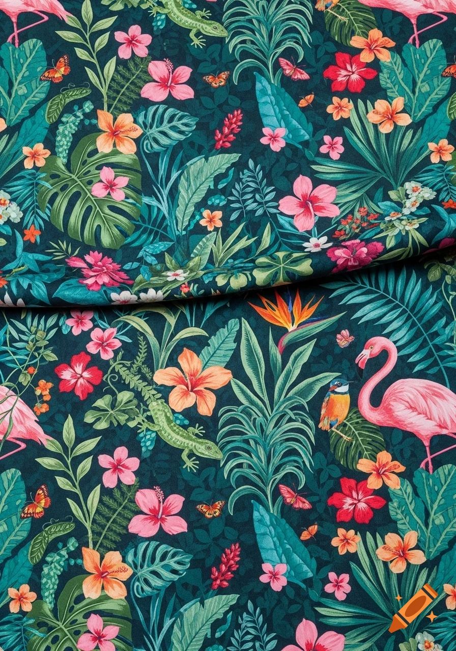 Vibrant tropical jungle pattern on dark fabric, featuring pink flamingos, green lizards, colorful flowers, and lush foliage.