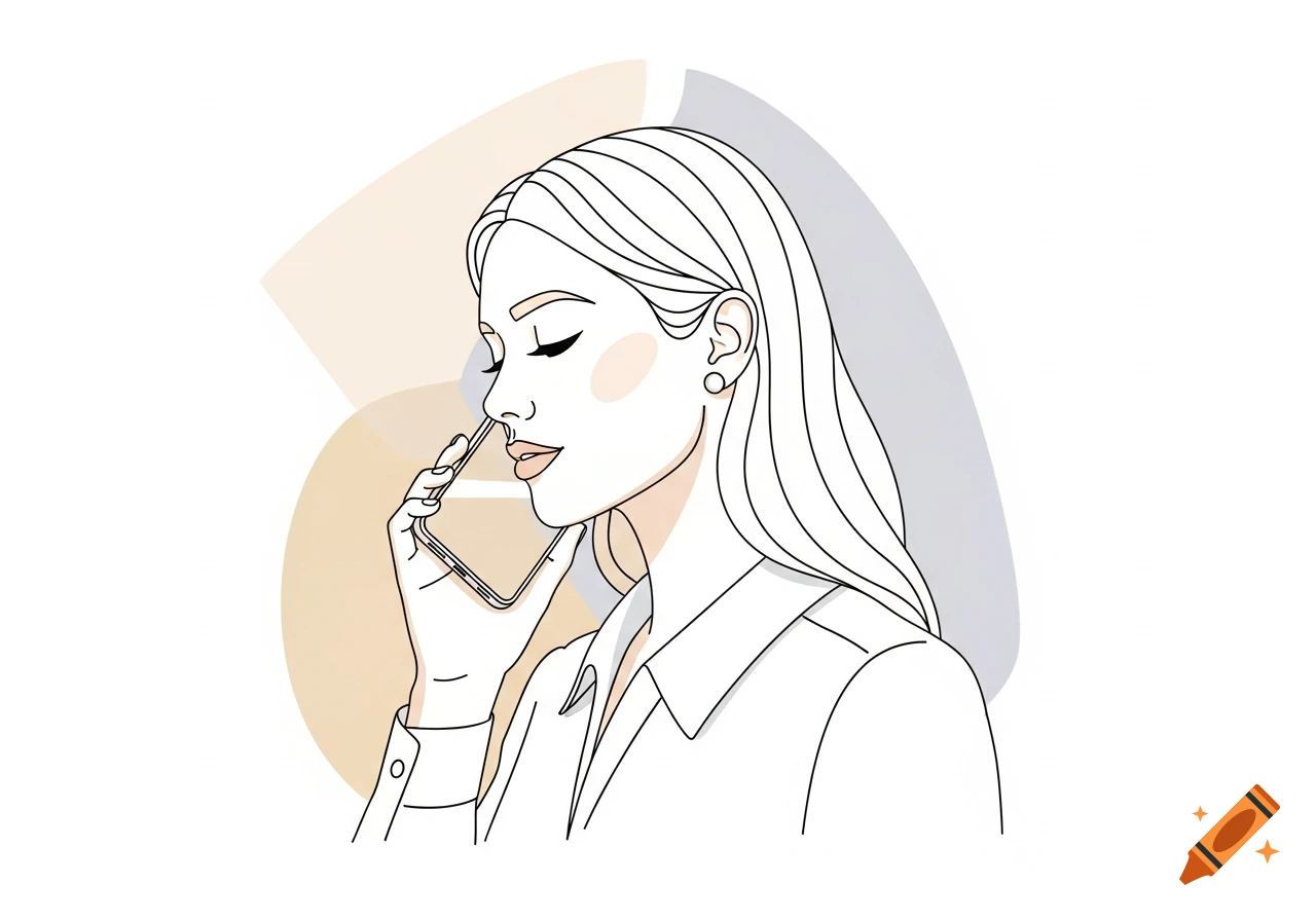 Simple line art drawing of a woman talking on a smartphone, with closed eyes and subtle blush.