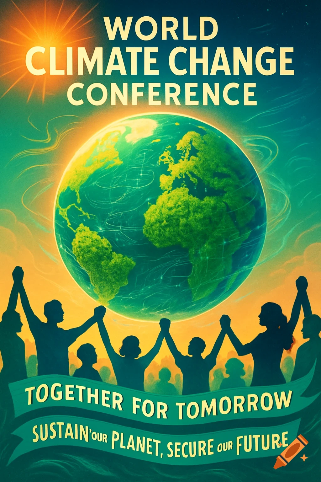 A vibrant climate change conference poster with the Earth, sun, people holding hands, and text: 'WORLD CLIMATE CHANGE CONFERENCE'.