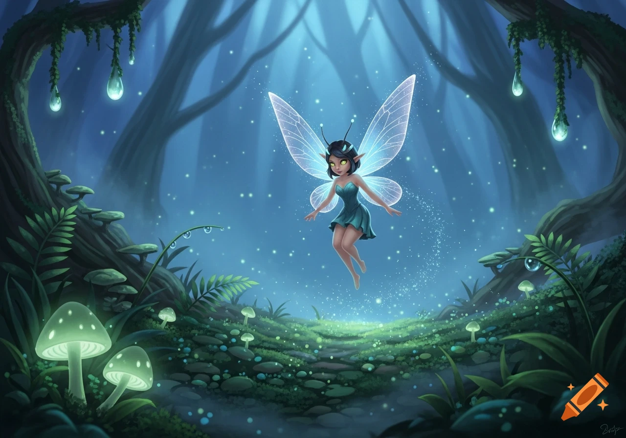 A small fairy with glowing wings floats in a magical blue-lit forest with luminous mushrooms and sparkling light.