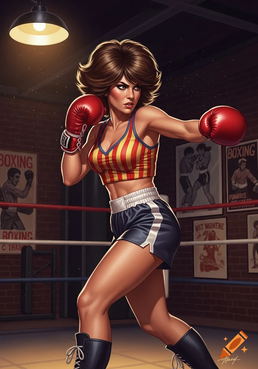 A confident woman with brown voluminous hair in a striped crop top and shorts, wearing red boxing gloves, poses in a boxing ring in a comic art style.