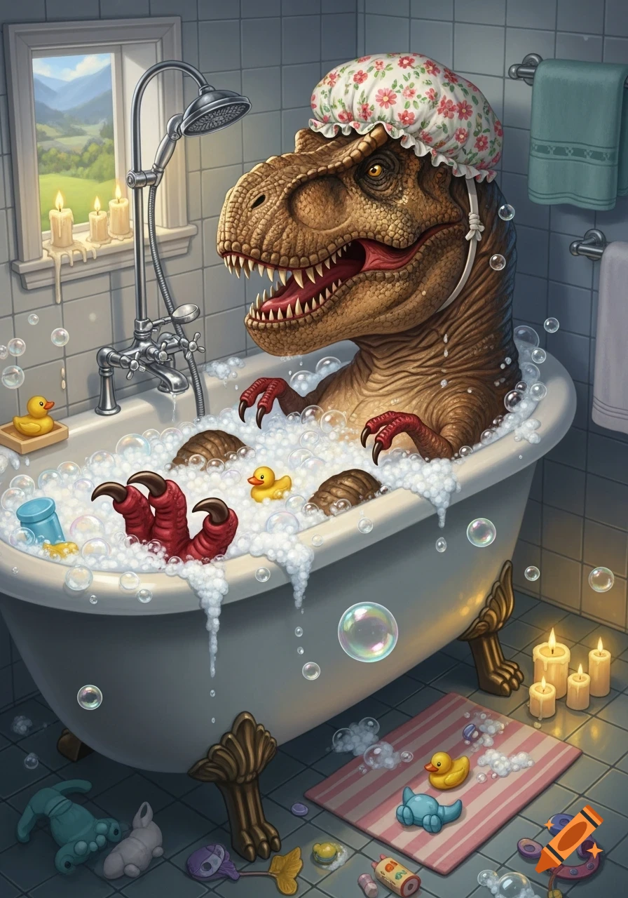 A detailed illustration of a Tyrannosaurus rex enjoying a bubble bath, wearing a floral shower cap, with rubber ducks, candles, and a scenic window view.