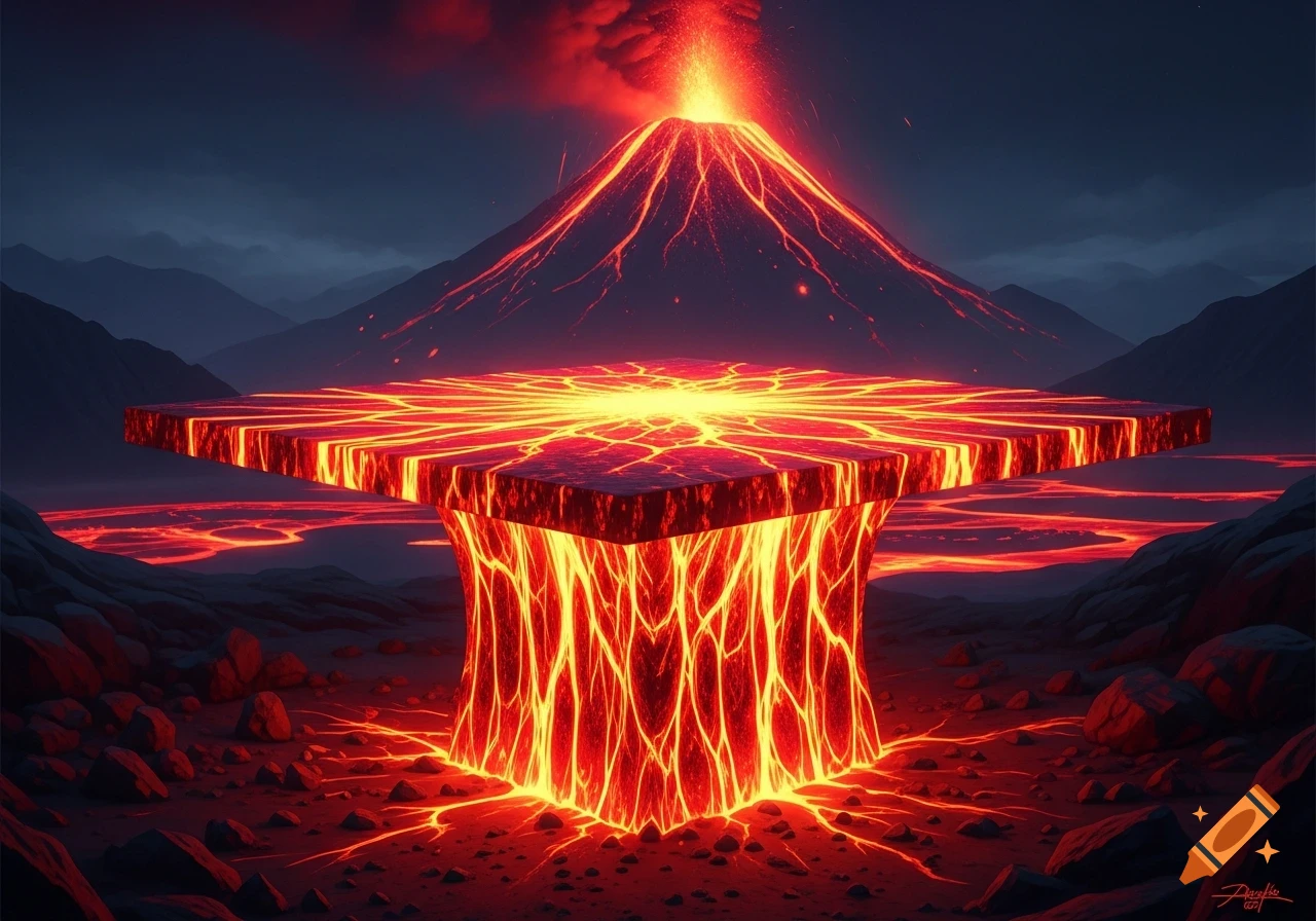 A glowing lava table stands in a dark volcanic landscape with an erupting volcano, in a stylized digital art.