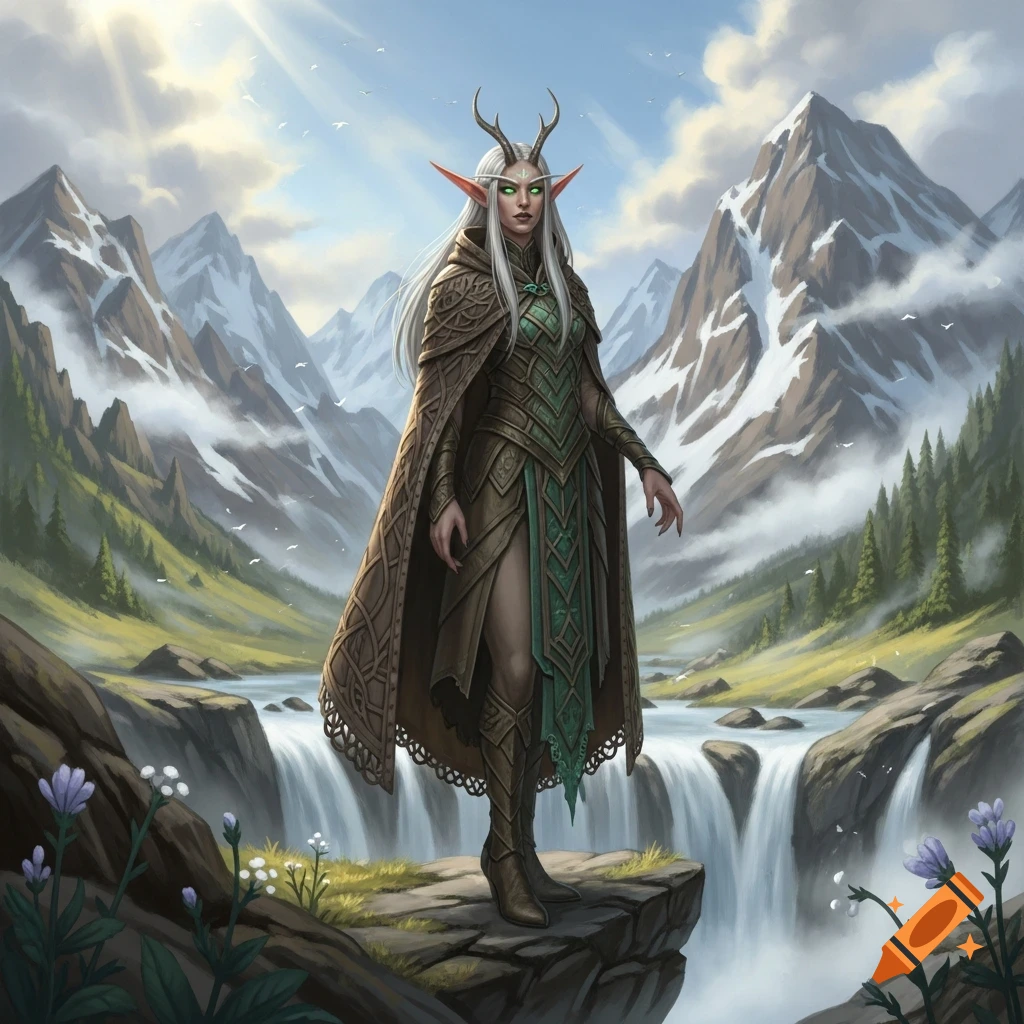 An elf-like woman with antlers stands on a rock overlooking waterfalls in a sunlit mountain valley.