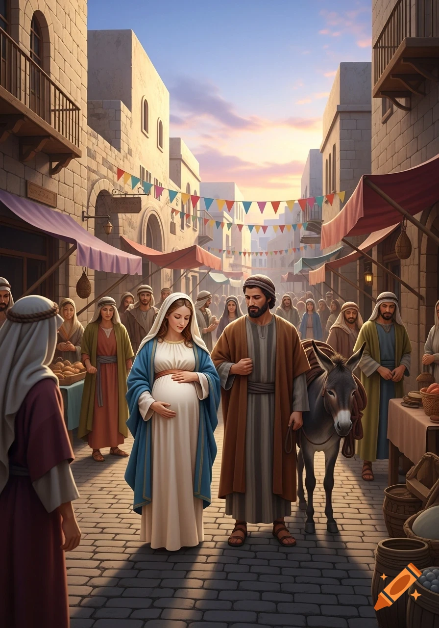 Pregnant Mary and Joseph with a donkey walk through a bustling Bethlehem street at sunset, surrounded by people and market stalls.