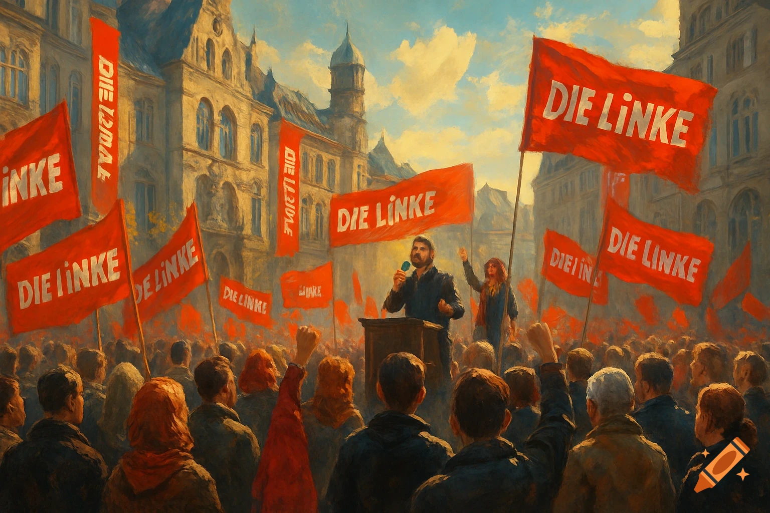 A political rally with a speaker on a podium, a large crowd, and red flags with 'DIE LINKE' text, in a painterly style.