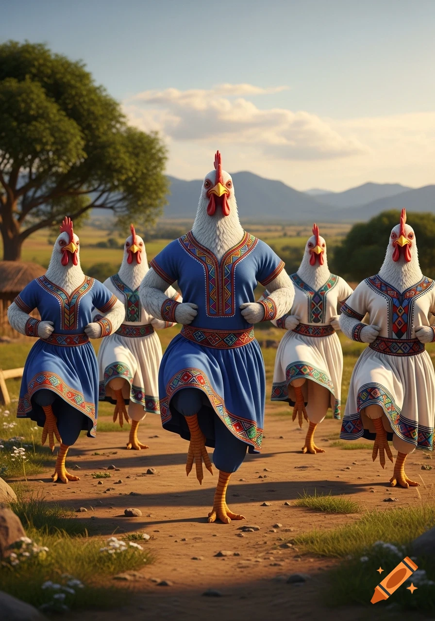 Five anthropomorphic chickens in traditional Ethiopian Oromo cultural dresses dancing on a dirt path in a rural landscape.