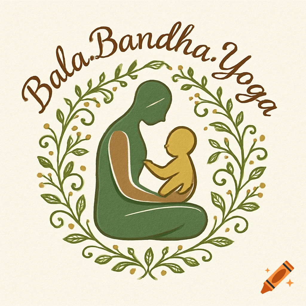 Stylized logo of a mother holding a baby, enclosed in a green leafy wreath with the text Bala.Bandha.Yoga.