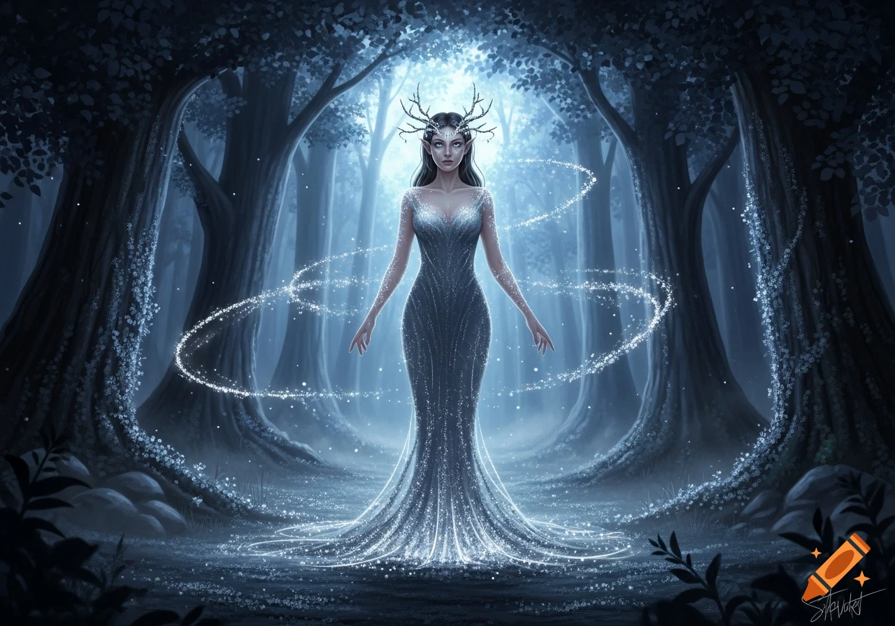 A glowing fantasy woman in a shimmering silver dress and antler crown stands amidst swirling magic in a dark, ethereal forest.