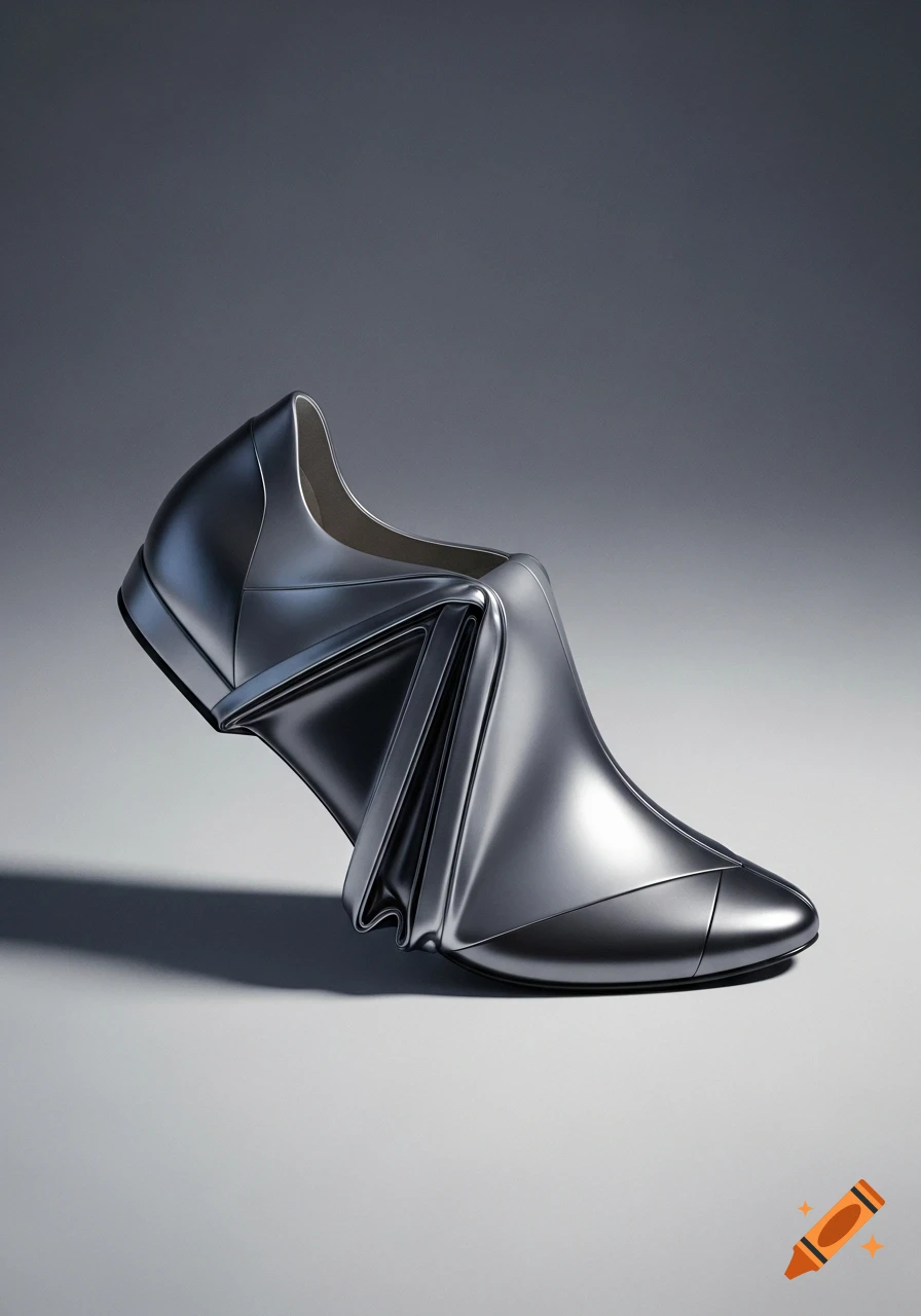 A futuristic, metallic silver shoe featuring a sculptural design with elegant, flowing folds, set against a smooth gray background.