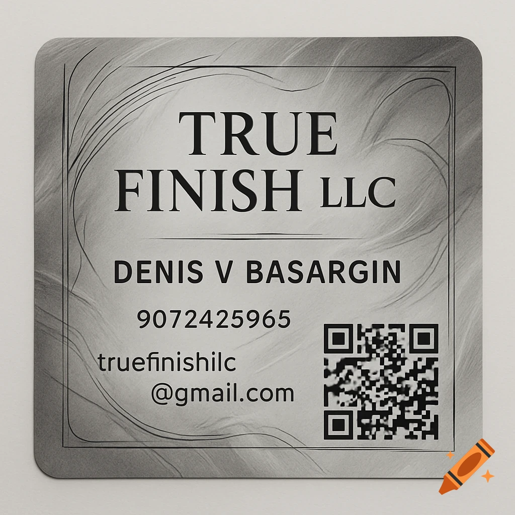 A silver square business label with "TRUE FINISH LLC", "DENIS V BASARGIN", a phone number, an email address, and a QR code.
